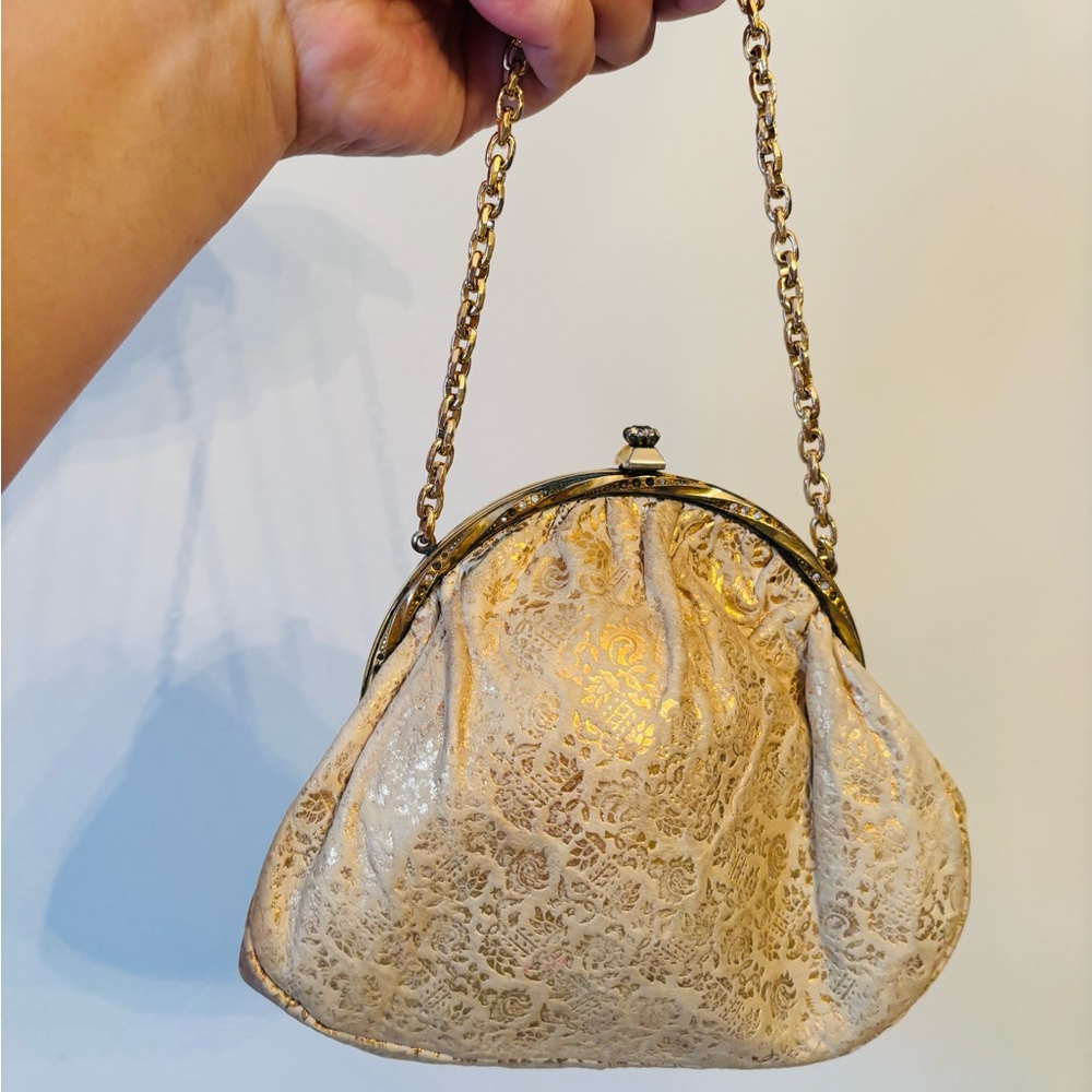 Vintage 1960s Gold Floral Leather Foil Evening Bag with Chain Handle Prom